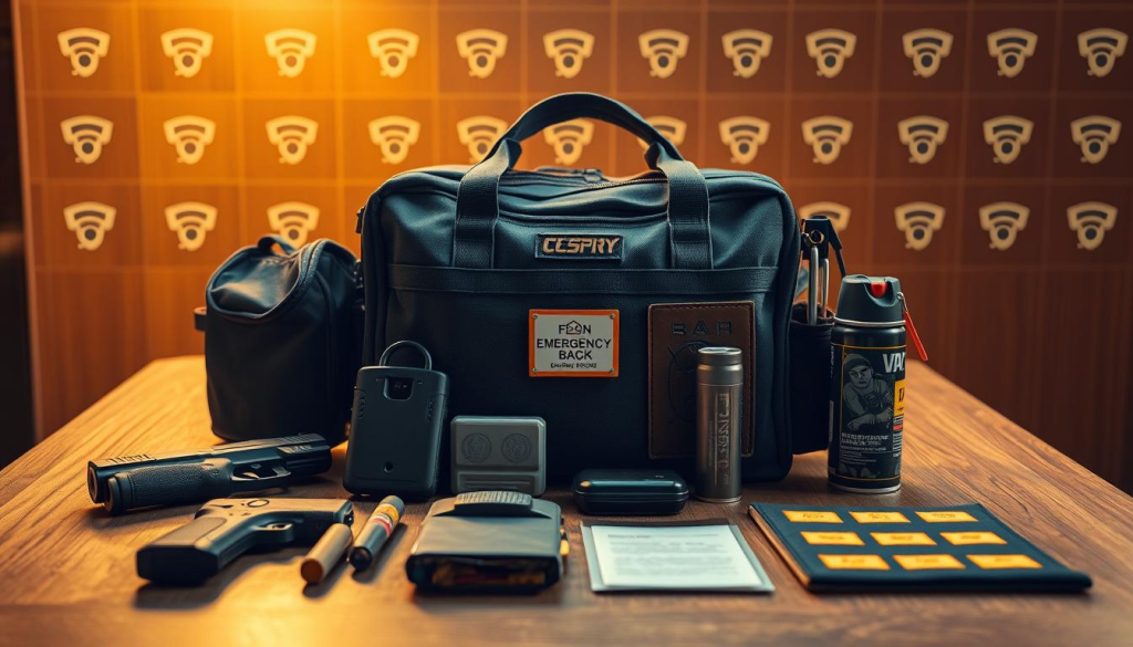 An emergency go bag placed on a sturdy wooden table, bathed in warm, golden lighting. In the foreground, various security items are neatly arranged: a compact handgun, a tactical knife, a personal alarm, and a can of pepper spray. The middle ground showcases a reinforced lock, a fire-resistant document pouch, and a set of high-visibility reflective patches. The background features a subtle grid of security camera icons, suggesting the bag's protective measures extend beyond the physical. The overall atmosphere conveys a sense of preparedness and vigilance, without compromising the bag's practical utility.