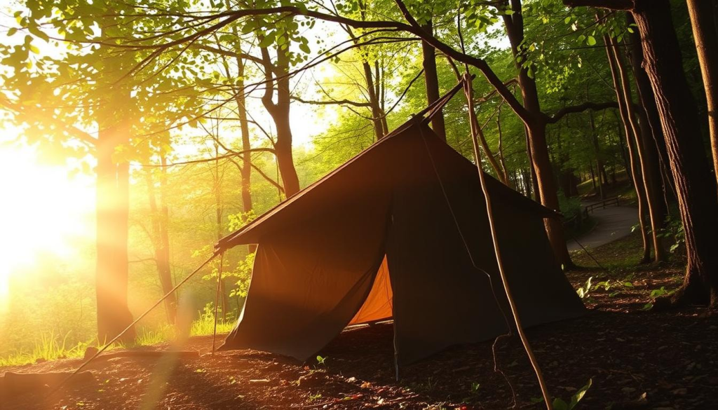 An emergency shelter made from weatherproof tarp, rope, and sticks in a forested environment. Warm, filtered light filters through the tree canopy, casting a serene, contemplative mood. The shelter's silhouette stands prominently in the midground, while the background is filled with lush, verdant foliage and the occasional glimpse of a winding hiking trail. The scene conveys a sense of preparedness, self-reliance, and harmony with nature, suitable for inclusion in an article on essential bug-out bag items.