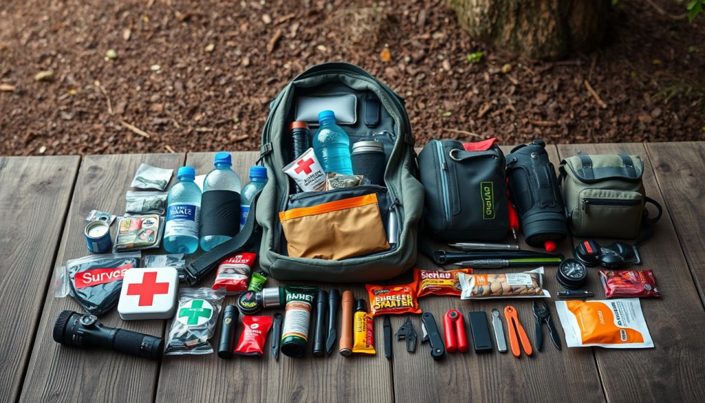 An organized bug out bag laid out on a wooden surface, with various survival and emergency items neatly arranged and categorized. The foreground features an open backpack, its contents meticulously placed, including first aid kits, water bottles, flashlights, and energy bars. The middle ground showcases additional gear like a compass, a multi-tool, and a fire starter kit, arranged in a visually appealing manner. The background depicts a natural, earthy setting, with soft, diffused lighting to create a calming, preparedness-focused atmosphere. The overall composition emphasizes efficiency, attention to detail, and a sense of readiness for unexpected situations.
