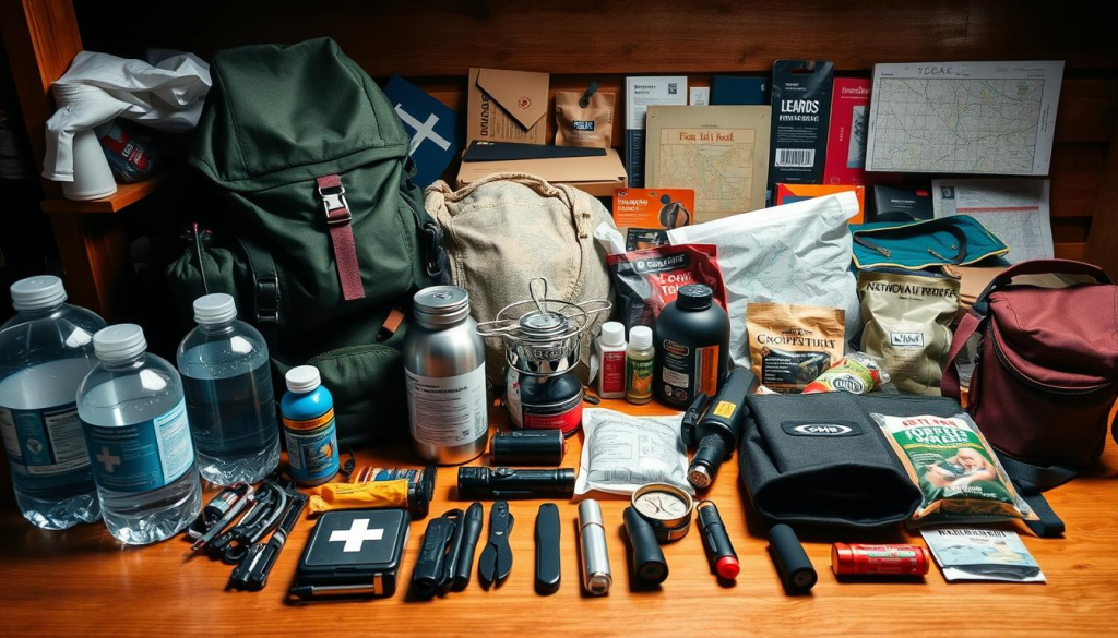 An organized collection of essential survival gear arranged on a wooden table, illuminated by warm, natural lighting. In the foreground, a sturdy backpack, water bottles, a first-aid kit, and a multi-tool. In the middle ground, a compact camping stove, a flashlight, a compass, and a survival blanket. In the background, a map, a fire starter, and other emergency supplies. The scene conveys a sense of preparedness and attention to detail, reflecting the careful curation of a well-equipped bug-out bag.