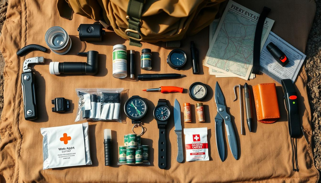 An overhead view of a meticulously organized bug out bag, laid out on a rugged canvas surface. In the foreground, a collection of essential survival gear - a compact multi-tool, a lightweight water filter, a weatherproof flashlight, and a first-aid kit with neatly arranged bandages and medications. The middle ground showcases a high-quality compass, a durable knife, and a fire-starting kit with matches and a ferro rod. In the background, a sturdy backpack, a weatherproof map, and a whistle for signaling. The lighting is natural and warm, creating a sense of preparedness and calm. The overall composition conveys a feeling of readiness and attention to detail for a potential emergency situation.