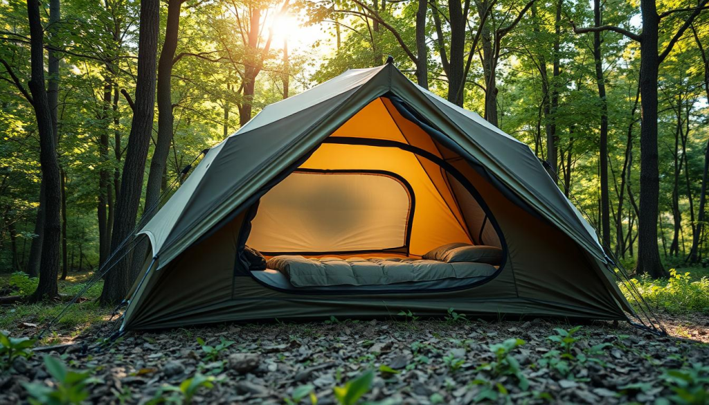 Compact and durable tent set up in a lush forest clearing, illuminated by soft natural light filtering through the canopy. The tent's exterior is a muted olive-green, with a sleek, aerodynamic design that blends seamlessly into the surrounding landscape. The interior is cozy and well-ventilated, with a comfortable sleeping area and ample storage space for essential survival gear. The scene conveys a sense of preparedness and self-reliance, perfectly suited for a bug-out scenario in an emergency situation.