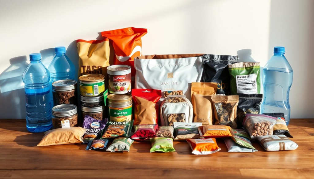 Compact food supplies for a bug out bag, neatly arranged on a wooden surface. A variety of non-perishable items including canned goods, dried fruits, energy bars, and water bottles, all tightly packed and ready for emergency situations. Soft lighting from the side creates shadows and highlights the textures, while a clean, neutral background allows the essential supplies to take center stage. The overall composition conveys a sense of preparedness, organization, and self-reliance, suitable for illustrating the "Categories of Food for Your Bug Out Bag" section.