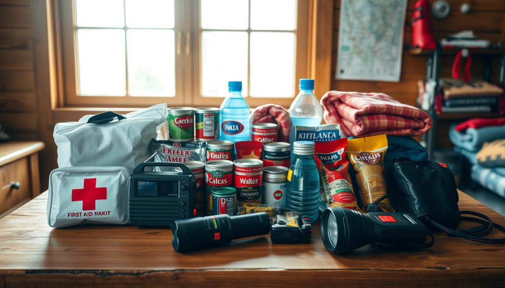 Cyclone emergency supply kit arranged on a sturdy wooden table, illuminated by warm natural lighting from a large window. In the foreground, a first aid kit, battery-powered radio, and flashlights. In the middle ground, canned goods, bottled water, and non-perishable snacks. In the background, a map, a multi-tool, and emergency blankets. The scene conveys a sense of preparedness and organization, with each item carefully selected for its utility in a cyclone emergency.