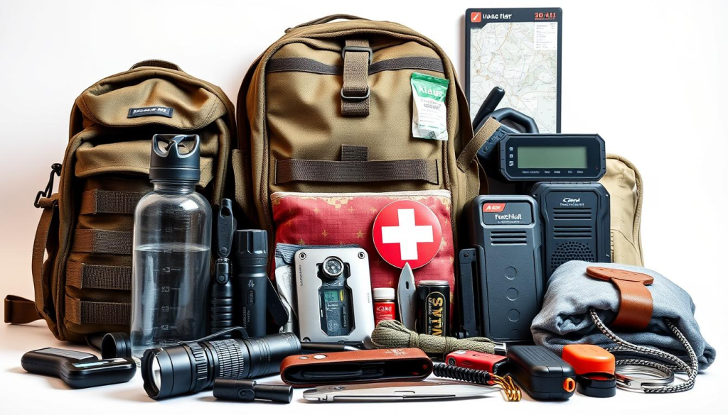 Detailed array of essential survival gear for a bug out bag, shot in a well-lit studio setting with a clean, professional aesthetic. Foreground features a tactical backpack, water bottle, flashlight, multi-tool, and first aid kit. Middle ground showcases a folding knife, fire starter, compass, and space blanket. Background highlights a portable power bank, emergency radio, and navigation map. The scene conveys a sense of preparedness, functionality, and rugged utility, hinting at the gear's ability to support the user in an emergency or off-grid scenario.