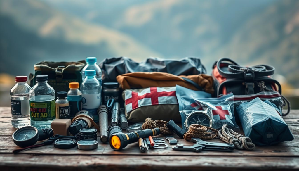 Detailed bug out bag checklist arranged on a wooden surface, with soft, warm lighting illuminating the items. In the foreground, various survival tools and essentials are neatly organized, including a compass, flashlight, water bottles, and a first-aid kit. In the middle ground, camping gear and emergency supplies are displayed, such as a sleeping bag, rope, and a multi-tool. The background features a subtle, blurred natural landscape, conveying a sense of preparedness and readiness for outdoor adventures. The overall composition and styling evoke a feeling of practicality, functionality, and attention to detail, suitable for a training and preparation section of an emergency preparedness article.