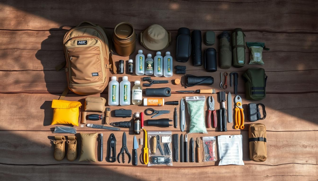 Detailed checklist of essential bug out bag supplies, laid out on a rugged wood surface. Backpack, water bottles, survival gear, and emergency tools arranged in an organized grid pattern. Soft natural lighting casts subtle shadows, highlighting the utilitarian nature of the items. Neutral earth-toned colors create a calming, practical atmosphere. Convey the sense of being prepared for any unexpected disaster or emergency situation.