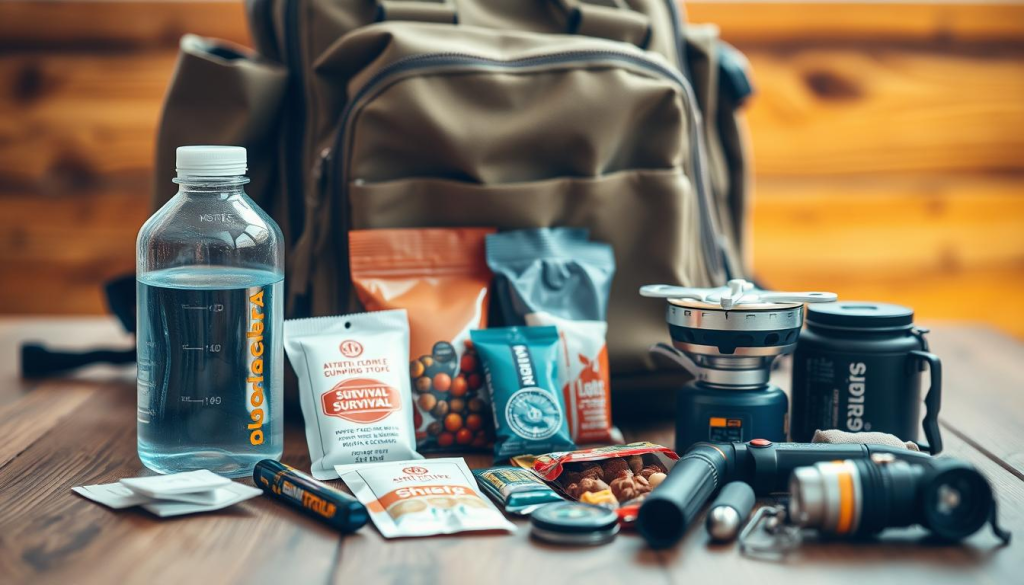 Detailed close-up of a survival backpack essentials laid out on a wooden table. The backpack is made of durable canvas with multiple pockets and compartments. In the foreground, neatly arranged are a water bottle, water purification tablets, a compact camping stove, a survival knife, a compass, and a flashlight. In the middle ground, there are various non-perishable food items like energy bars, dried fruits, and nuts. The background is softly blurred, creating a sense of focus on the essential gear. The lighting is natural and warm, creating a cozy, adventurous atmosphere. The overall composition is balanced and visually appealing, showcasing the practical and well-thought-out nature of the survival backpack.