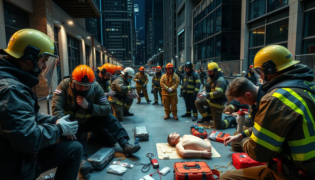 Detailed scene of emergency preparedness training in a modern urban setting. In the foreground, a group of people in protective gear practice first aid skills, bandaging wounds and administering CPR. In the middle ground, a team of firefighters demonstrate the use of fire extinguishers and safety procedures. In the background, a disaster response unit practices search and rescue techniques with K9 support. The training area is well-lit with a mix of natural and artificial lighting, creating a sense of urgency and purpose. The atmosphere is one of focused intensity, with the trainees deeply engaged in their exercises.