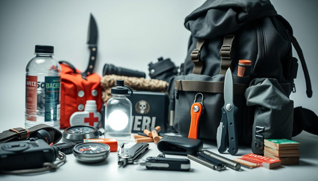 Detailed still life of a neatly arranged bug out bag essentials, shot with a wide angle lens in a well-lit, minimalist studio setting. In the foreground, a sturdy backpack, compass, water bottle, first aid kit, and multi-tool. In the middle ground, a flashlight, portable radio, and emergency blanket. In the background, a survival knife, waterproof matches, and lightweight camping gear. The overall mood is practical and utilitarian, conveying the importance of being prepared for unexpected emergencies.