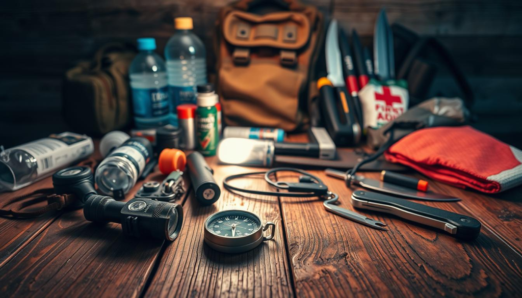 Disaster readiness tips: Rugged survival gear scattered across a weathered wooden table, illuminated by warm, focused lighting. In the foreground, a compass, flashlight, and multi-tool stand ready. Behind them, a sturdy backpack, water bottles, and first-aid supplies fill the middle ground. In the background, a sturdy utility knife, emergency blanket, and fire-starting tools hint at the challenges ahead. The scene conveys a sense of preparedness and resourcefulness, with each item meticulously arranged to face the unknown.