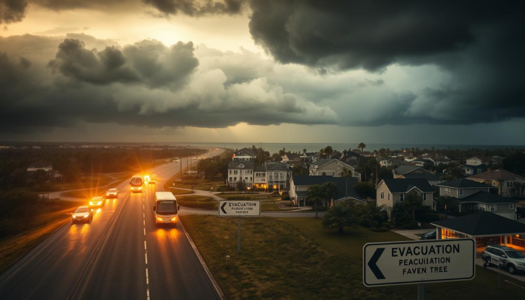 Dramatic aerial view of a coastal town under the ominous clouds of an approaching hurricane. In the foreground, a well-marked evacuation route with clear directional signs, leading residents away from the shore. In the middle ground, cars and buses hastily departing, their headlights piercing the gloom. In the background, a family gathering essential supplies, securing their home, and preparing to join the exodus. Warm, hazy lighting bathes the scene, conveying a sense of urgency and the need to act quickly. The composition emphasizes the importance of a comprehensive evacuation plan to ensure the safety of the community.
