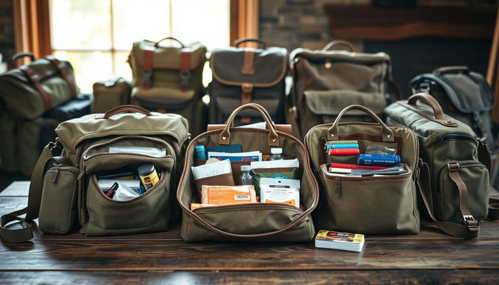 High-quality, durable bug out bags arranged on a rustic wooden table. Centered in the frame, the bags feature sturdy canvas and leather construction, with reinforced straps and metal hardware. In the foreground, the bags are open, revealing neatly organized pockets and compartments filled with survival gear, first aid kits, and emergency supplies. The middle ground showcases a range of bag sizes and styles, including backpacks, duffels, and messenger bags, all in muted, earthy tones. The background is softly blurred, with a warm, natural lighting filtering through a window, creating a sense of reliability and preparedness.