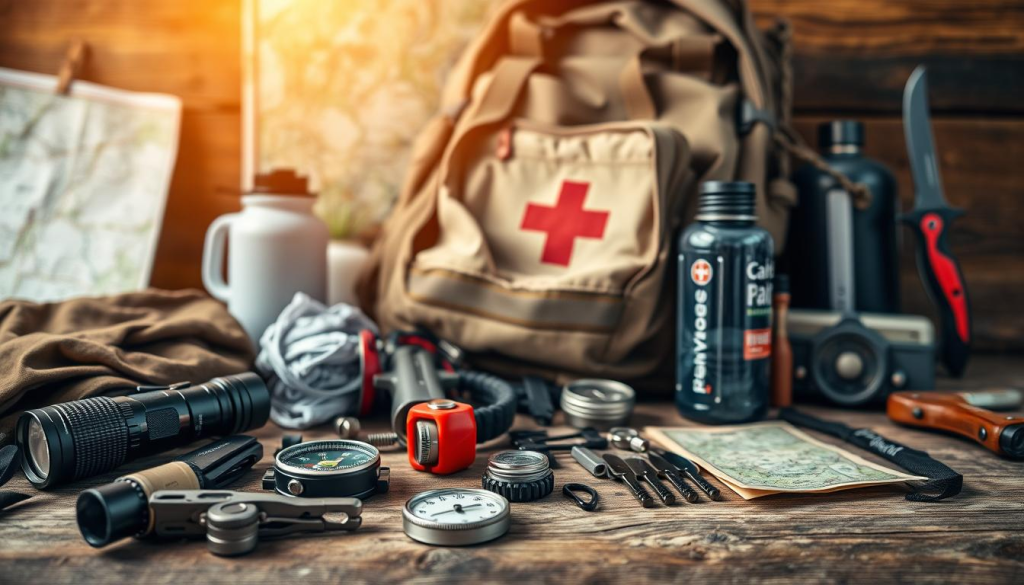 High-quality image of a neatly organized "bug out bag" on a wooden surface, with a warm, natural lighting. In the foreground, an array of essential survival tools and gear, including a tactical flashlight, multi-tool, compass, fire starter, and emergency blanket. In the middle ground, a sturdy backpack, canteen, and first-aid kit. In the background, a map, a signaling mirror, and a survival knife. The overall scene conveys a sense of preparedness and self-reliance, perfect for the "Essential Tools and Gear for Survival" section of the article.