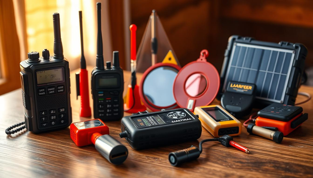 High-resolution, detailed image of a variety of emergency communication devices on a wooden table, illuminated by warm, natural lighting coming from the left side. In the foreground, a satellite phone, a two-way radio, and a handheld GPS device. In the middle ground, a signal flare, a signal mirror, and a whistle. In the background, a portable solar charger and a backup battery pack. The devices are arranged in a visually appealing, organized manner, showcasing their essential features. The overall mood is one of preparedness and functionality, conveying the importance of having reliable communication tools in emergency situations.