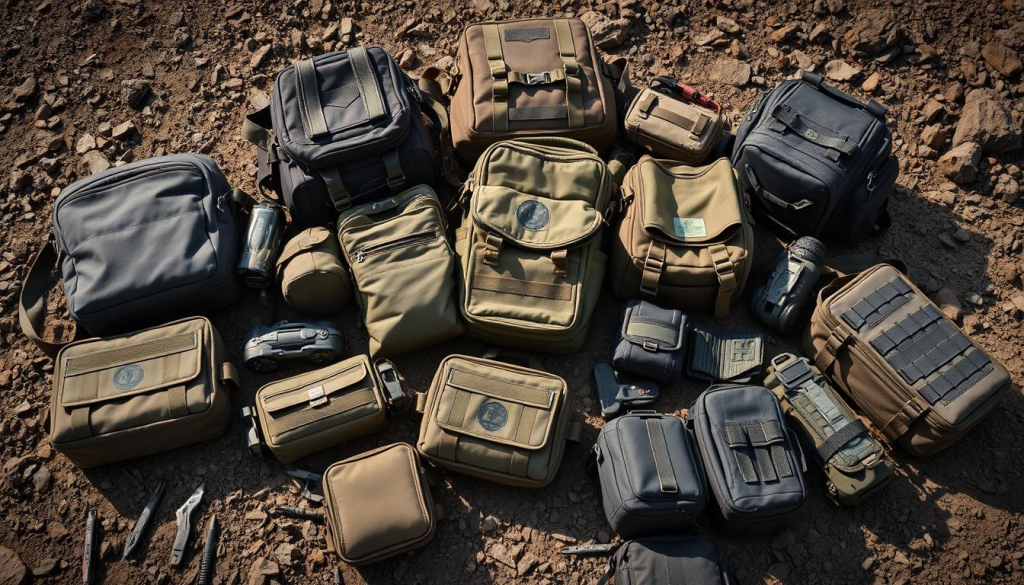 Meticulously crafted bug out bags, each designed for specialized survival scenarios. An array of tactical packs, pouches, and accessories lays across a rugged terrain. High-quality fabrics, reinforced straps, and modular compartments optimize for optimal organization and durability. Muted tones and subdued logos suggest a focus on function over form. Precision-engineered emergency kits, medical supplies, and essential tools are visible, ready for deployment at a moment's notice. Dramatic lighting casts dramatic shadows, hinting at the gravity of the prepared mindset. An atmosphere of readiness and capability permeates the scene, inspiring confidence in the viewer.
