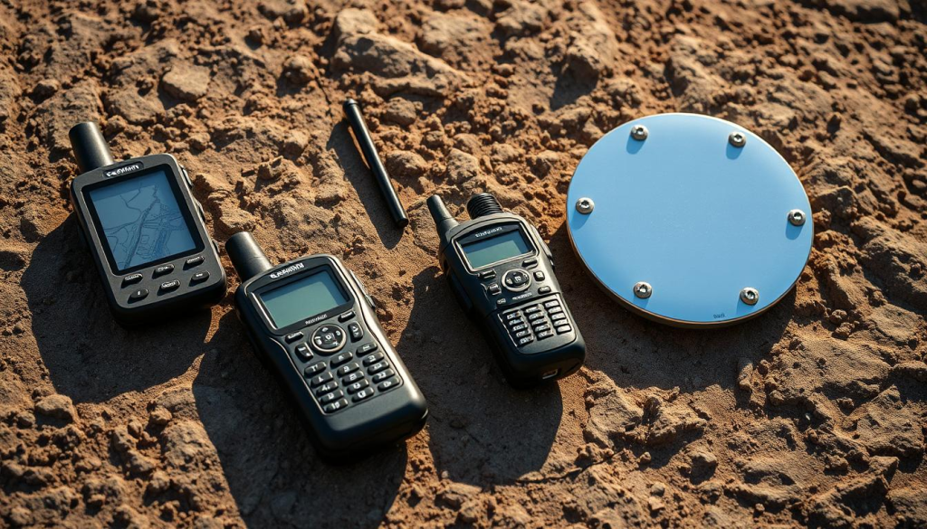 Navigation and communication devices, including a handheld GPS unit, a satellite phone, a two-way radio, and a signal mirror, arranged on a rugged outdoor surface. The devices are illuminated by a warm, natural light, casting subtle shadows that add depth and dimension to the scene. The layout is organized and intentional, conveying a sense of preparedness and functionality. The overall mood is one of practical utility, with a touch of adventure and exploration.