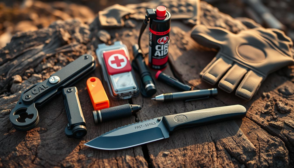 Personal protection items laid out on a rugged wooden surface, backlit by warm, natural lighting. In the foreground, a sturdy multi-tool, a compact flashlight, and a sheath knife with a serrated edge. In the middle ground, a high-visibility whistle, a compact first-aid kit, and a tactical pen. In the background, a small but powerful pepper spray canister and a pair of reinforced, cut-resistant gloves. The overall scene conveys a sense of preparedness and practicality, reflecting the essential tools for personal safety and self-defense in a survival situation.