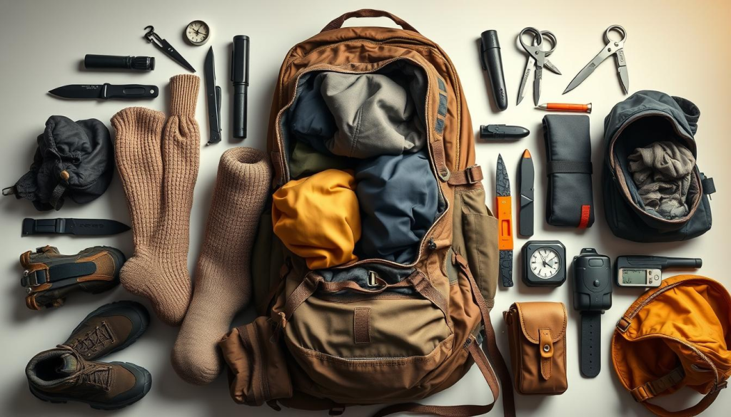Pristine survival gear arranged in a neatly organized layout. Front and center, a rugged backpack overflowing with essential outdoor clothing - thick wool socks, sturdy hiking boots, insulated jackets, and breathable base layers. Scattered around it, compasses, utility knives, and other personal items essential for outdoor adventures. The lighting is crisp and clean, with warm highlights reflecting off the high-quality fabrics. The overall composition evokes a sense of preparedness and self-reliance, capturing the spirit of a well-stocked "bug out bag" for facing unexpected challenges.