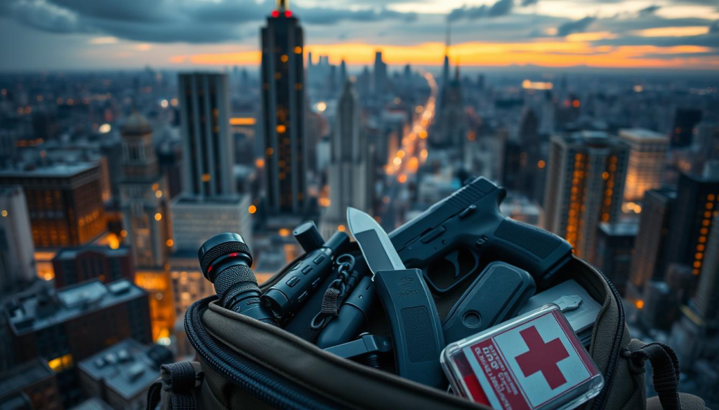 Tightly-packed urban landscape at dusk, with a well-stocked bug-out bag in the foreground. The bag contains a sturdy tactical flashlight, a compact multi-tool, a sheathed combat knife, a compact handgun with extra magazines, and a first-aid kit. The middle ground features a high-rise cityscape with glowing windows, while the background shows an overcast sky tinged with orange hues. The scene conveys a sense of preparedness and self-reliance in the face of urban uncertainty.