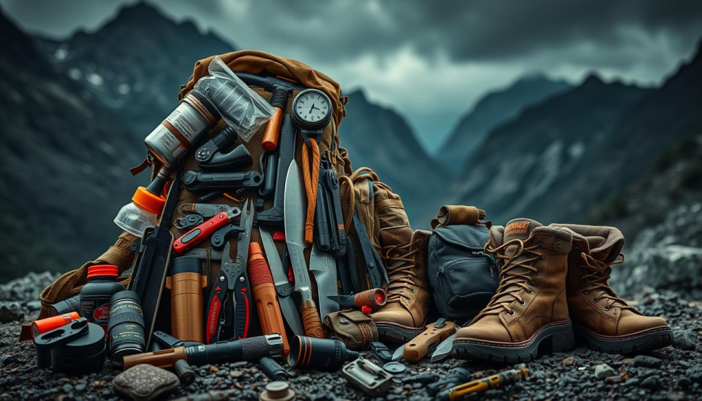 Vivid still life of essential survival gear for a "bug out bag": a sturdy backpack overflowing with supplies, nestled amid a rugged outdoor setting. In the foreground, an array of emergency equipment - water filtration, fire starters, survival knives, multi-tools, flashlights, and first aid kits. In the middle ground, tactical apparel and sturdy boots, ready for any terrain. The background depicts a moody, rugged landscape - perhaps a rocky trail, towering mountains, or dense forest - hinting at the challenges that might lie ahead. Dramatic, high-contrast lighting and a tightly-framed composition convey a sense of preparedness and determination. The overall mood is one of careful planning and self-reliance, a "God Roll" survival kit for the prepared adventurer.