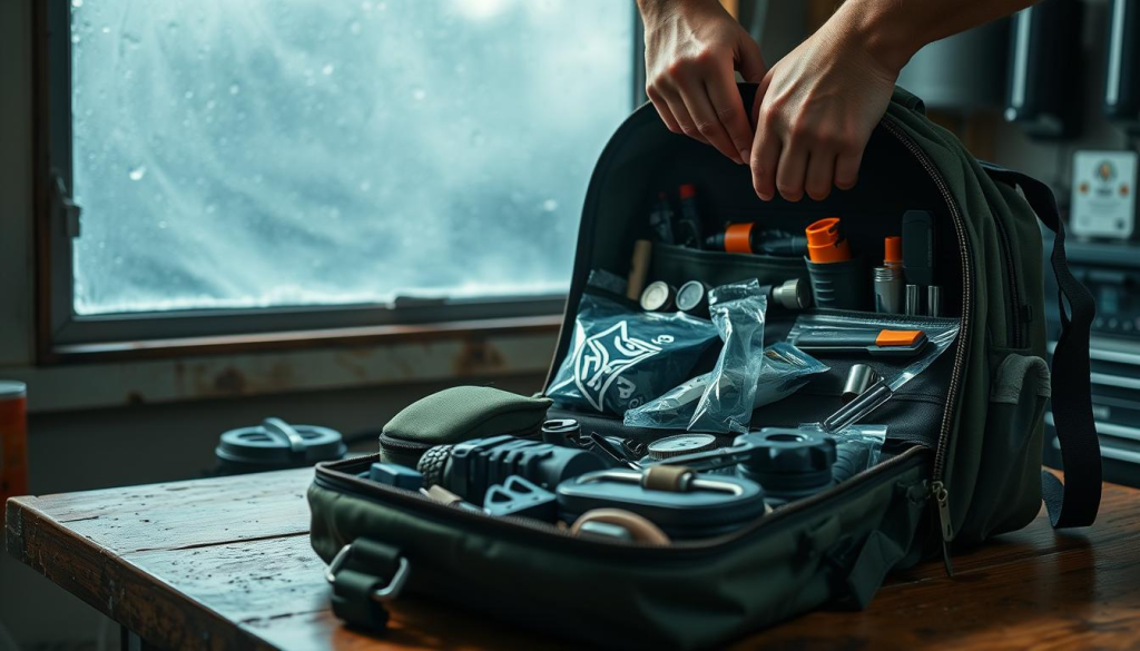 Waterproof bug out bag maintenance: a rugged, well-lit workbench with an open bug out bag, revealing its contents - weatherproof pouches, durable tools, and survival gear. In the foreground, hands carefully inspecting and cleaning each item, ensuring readiness. The background features a window with a stormy, rain-streaked view, emphasizing the bag's critical role in weathering harsh conditions. Soft, directional lighting casts shadows, accentuating the textures and details of the bag and its contents. The overall mood is one of focused, meticulous preparation, underscoring the importance of maintaining a reliable, waterproof bug out bag.