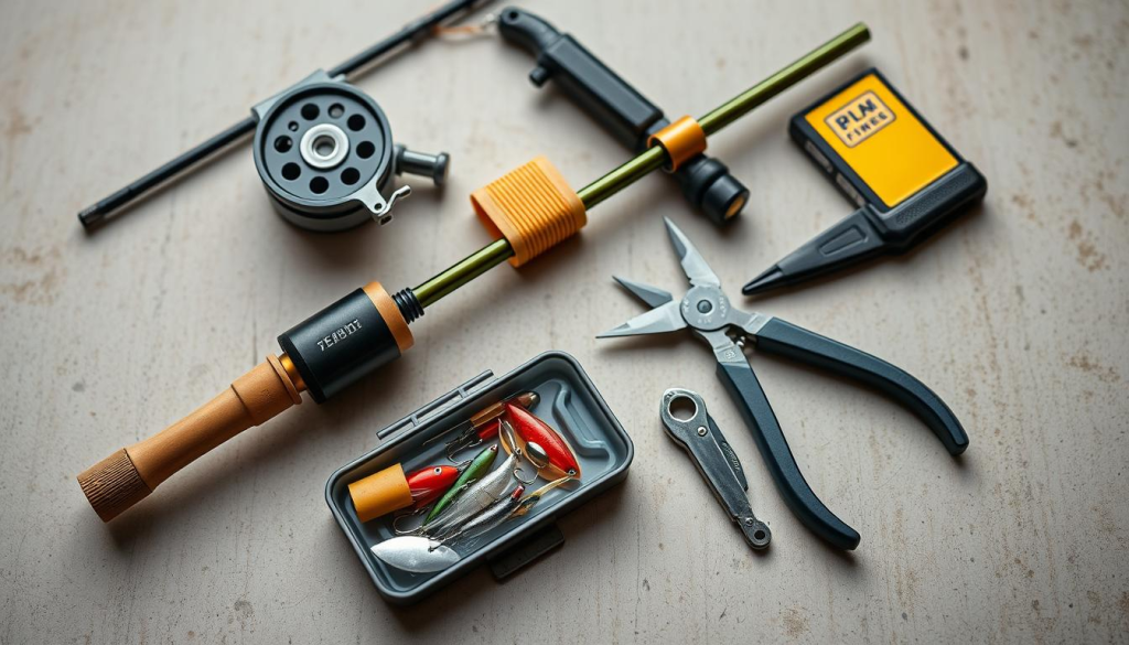 a detailed image of a compact and portable fishing kit for emergency situations, including a small collapsible fishing rod, a reel with fishing line, a small tackle box with various lures and hooks, a pocket knife, and a pair of pliers, all neatly arranged on a neutral-colored surface with a soft, natural lighting, shot from a slightly overhead angle to showcase the contents and layout of the kit in an organized and visually appealing manner, conveying a sense of preparedness and functionality.