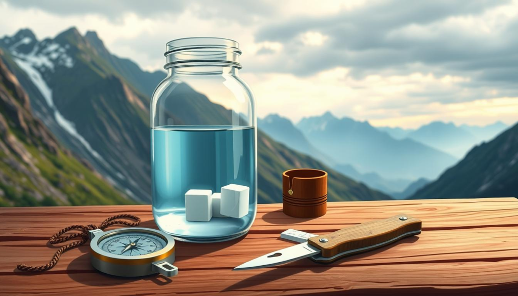 a glass jar filled with clear water, a water filter and purification tablets, a compass and a survival knife, all placed on a wooden table against a backdrop of a mountainous landscape with a cloudy sky, with warm and natural lighting, captured in a realistic, detailed illustration style