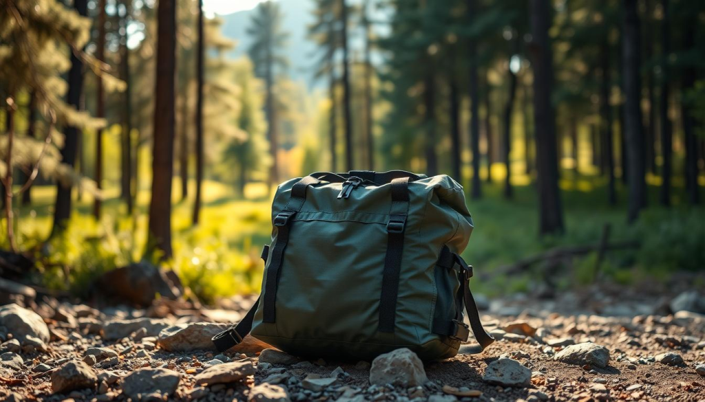 a high-quality, detailed photograph of an emergency water supply bag in a well-lit, natural outdoor setting. The bag is the central focus, resting on a rocky, earthy surface in the foreground. The bag has a rugged, durable construction with heavy-duty straps and a waterproof, weatherproof exterior. Surrounding the bag is a lush, green forest landscape in the middle ground, with tall trees and soft shadows casting a peaceful, calming atmosphere. The lighting is natural, warm, and directional, creating subtle highlights and shadows that accentuate the texture and form of the bag. The camera angle is slightly elevated, providing a clear, unobstructed view of the bag and its immediate environment.