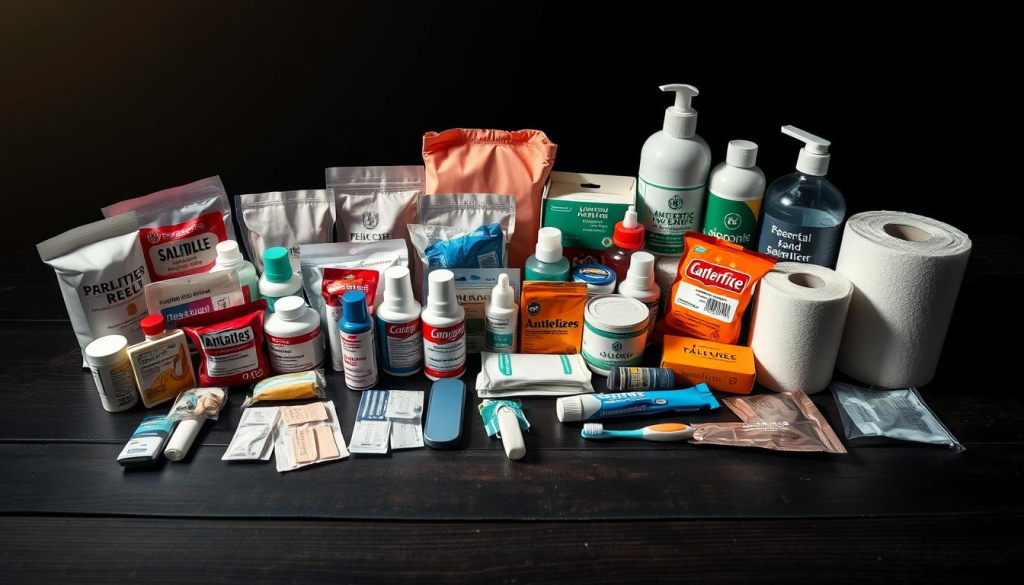 a high-quality wide-angle photo of a well-organized assortment of essential health and hygiene supplies for a bug out bag, arranged on a dark wooden surface with dramatic lighting from the side, creating deep shadows and highlights to accentuate the textures and colors of the items, including bandages, antiseptic wipes, pain relievers, hand sanitizer, toilet paper, tampons, toothbrush, toothpaste, and other personal care products, all positioned neatly and purposefully to convey a sense of preparedness and attention to detail