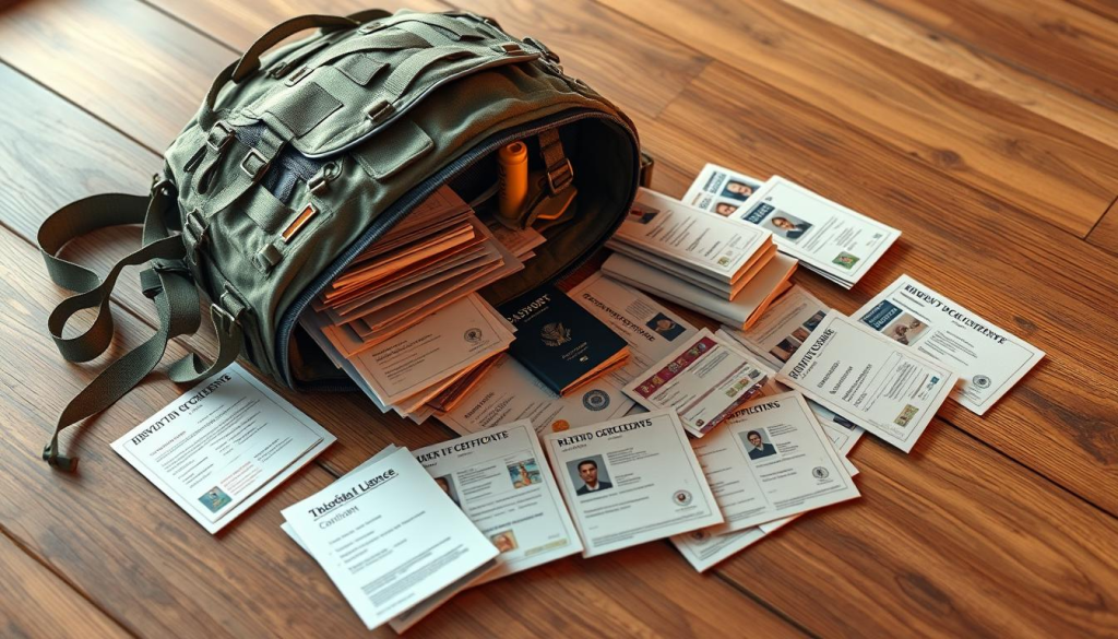a realistic 3D render of a detailed bug out backpack placed on a wooden table, with its contents spilled out and organized to showcase important documents and IDs such as passports, driver's licenses, birth certificates, and other identification cards. The backpack has a rugged, tactical design with MOLLE webbing, zipper pouches, and a hydration system. The documents are arranged neatly, with a focused, well-lit, and clean composition. The lighting is warm and natural, creating a sense of preparedness and organization. The camera angle is slightly elevated, providing a birds-eye view of the scene.