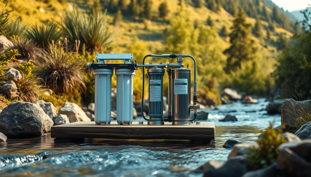 a water filtration system in a rustic outdoor setting, with a clear mountain stream flowing in the foreground and lush, verdant foliage in the background. The filtration system is situated on a wooden platform, its various components - including filters, valves, and tubing - rendered in meticulous detail. Warm, natural lighting illuminates the scene, creating a sense of tranquility and self-reliance. The overall composition emphasizes the importance of clean, accessible water in a wilderness survival scenario, seamlessly integrating the technical aspects of the filtration system with the serene natural environment.