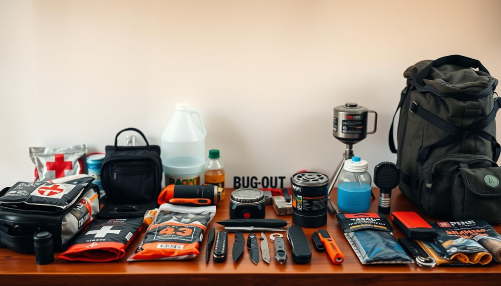 a well-organized table filled with various bug out bag essentials, neatly arranged and illuminated by warm, natural lighting that highlights their textures and colors. The foreground features a selection of emergency supplies such as first-aid kits, fire starting tools, and survival knives, while the middle ground showcases water filtration systems, portable stoves, and emergency blankets. The background subtly blends with the table's surface, creating a clean, minimalist composition that emphasizes the utility and importance of these essential items for emergency preparedness.