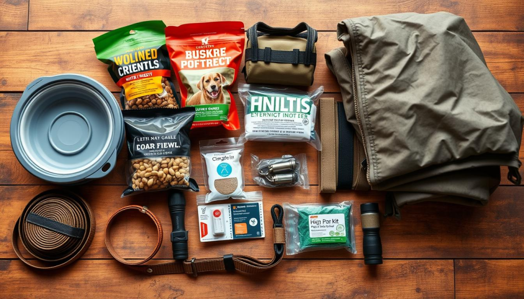 emergency dog supplies - a neatly organized array of essential items for a dog's bug out bag, including a sturdy collapsible water bowl, high-protein dog treats, a first-aid kit, a leash, a dog-friendly flashlight, and a weatherproof blanket, all set against a backdrop of a rustic wooden surface with a warm, natural lighting that highlights the rugged, practical nature of the supplies