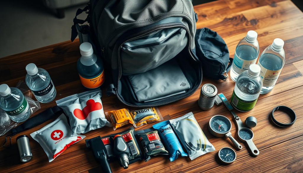 emergency evacuation backpack on a wooden table, with various essential items neatly arranged around it, including a flashlight, first-aid kit, energy bars, water bottles, and a compass. The backpack is open, revealing its contents, and a magnifying glass is used to inspect the items closely. The scene is lit by soft, natural lighting, creating a warm and contemplative atmosphere. The focus is on the attention to detail and careful maintenance of the backpack's contents, conveying the importance of preparedness and readiness for unexpected emergencies.