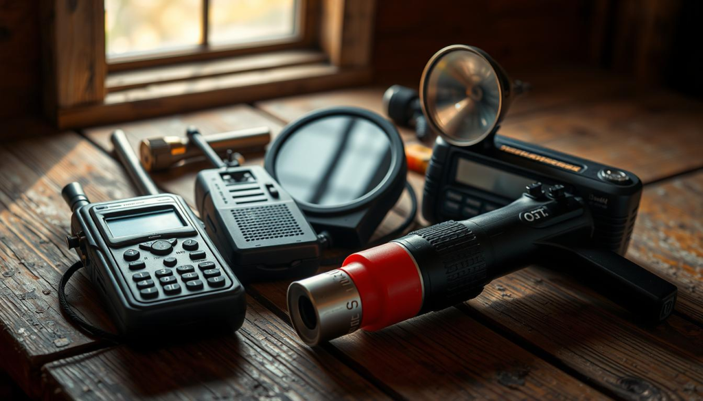 high-contrast close-up of a collection of emergency communication devices, including a satellite phone, a hand-cranked radio, a signal mirror, and a signal flare gun, arranged on a rugged weathered wooden surface, lit by warm natural light from an overhead window, with a sense of preparedness and resilience