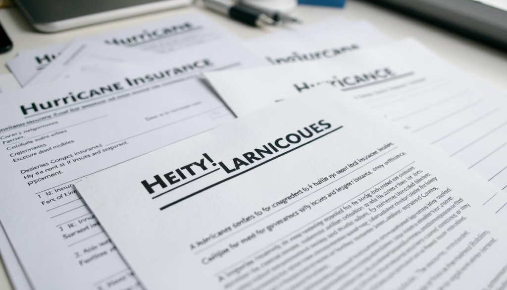 hurricane insurance documents, close-up view of insurance papers, forms, and envelopes, soft light illuminating the documents, showing details of coverage, policy numbers, and contract text, a sense of financial security and preparedness against natural disasters, a clean and organized desk or tabletop setting, minimal background clutter, focused on the important insurance paperwork needed for hurricane season, shot with a shallow depth of field to emphasize the key documents