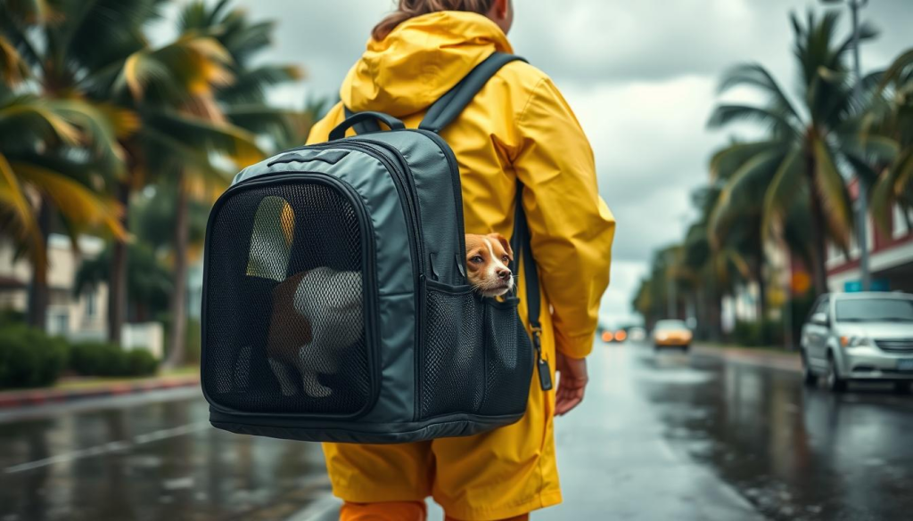 pet emergency transportation - a small animal carrier backpack with a well-ventilated mesh front panel, carried by a person wearing a bright yellow raincoat and rain boots, walking through a flooded street with palm trees swaying in the wind and dark storm clouds overhead, providing safe and secure transport for a beloved dog or cat during a hurricane evacuation