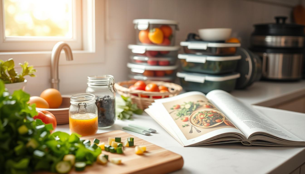 A bright, airy kitchen counter with an assortment of fresh produce, kitchen tools, and simple recipes laid out. In the foreground, a cutting board with chopped vegetables, a glass jar of homemade vinaigrette, and a cookbook open to a healthy, budget-friendly meal. In the middle ground, a stack of reusable containers, a basket of seasonal fruits, and a set of sturdy cookware. The background features a window with natural light streaming in, casting a warm, inviting glow over the scene. The overall atmosphere conveys a sense of efficiency, organization, and a mindful approach to economical food preparation.