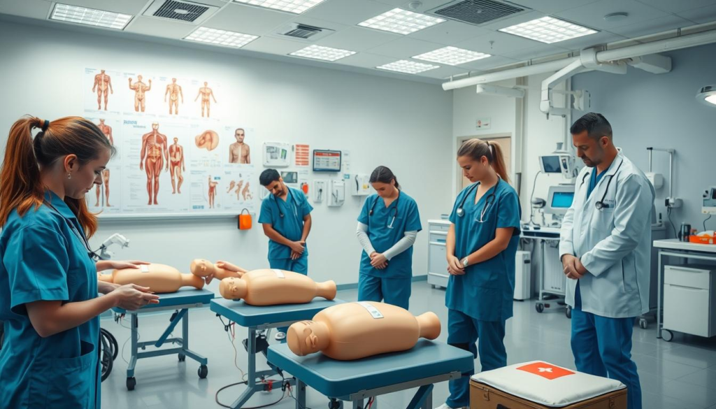 A brightly lit, modern medical training facility. In the foreground, a group of healthcare professionals in scrubs and lab coats practice basic first aid techniques on realistic medical dummies. Anatomical charts and first aid kits line the walls in the middle ground, while the background features state-of-the-art medical equipment and simulation technology. The scene conveys a sense of focused learning, attention to detail, and a commitment to providing the best possible patient care through comprehensive first aid training.