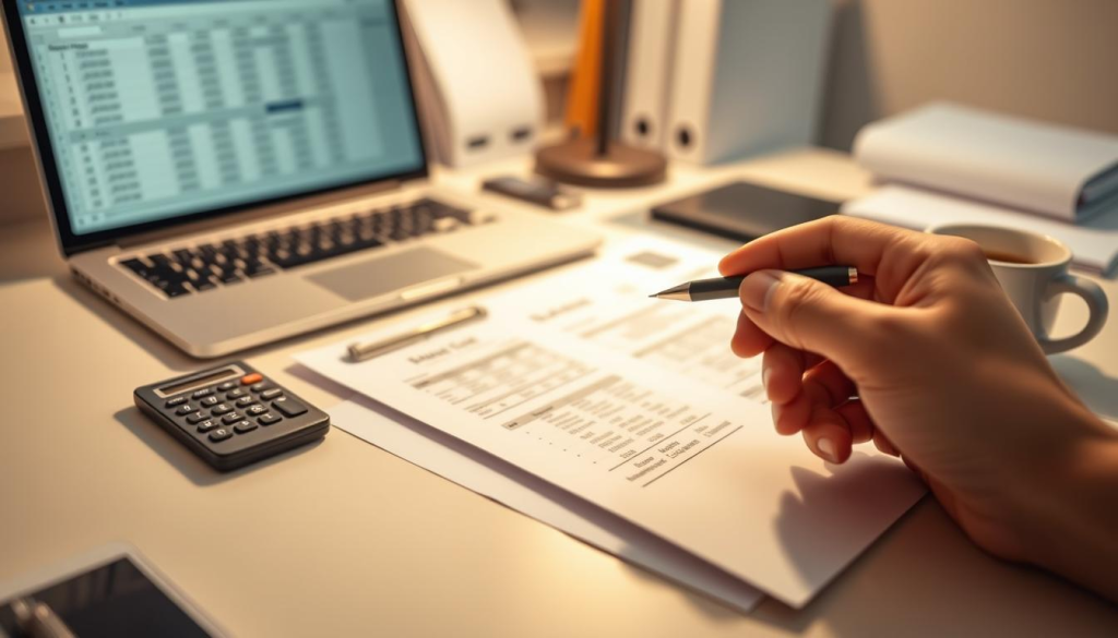 A clean desktop workspace with a laptop, papers, and a pen. The laptop screen displays a spreadsheet with financial data. Soft, warm lighting illuminates the scene, creating a focused, productive atmosphere. In the foreground, a hand holding a pen hovers over the papers, ready to capture insights. The middle ground features neatly organized folders, a calculator, and a mug of coffee. The background subtly blurs, emphasizing the attention on the financial data gathering process. The overall composition conveys a sense of intentionality and diligence in the budget planning steps.
