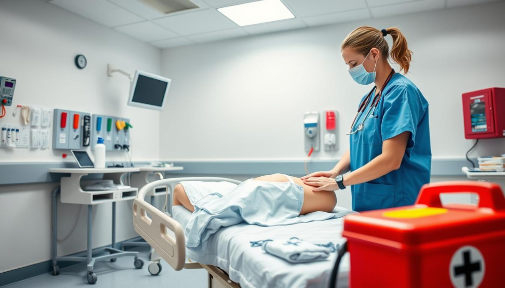 A clean, well-lit hospital room with a healthcare provider attending to a patient on a medical bed. The provider is demonstrating proper CPR technique, using a mannequin. The room is equipped with essential first aid supplies, including bandages, antiseptics, and a defibrillator. The atmosphere conveys a sense of professionalism, care, and attention to detail. The image captures the essence of comprehensive healthcare training, focusing on the vital skills needed to effectively respond to medical emergencies.