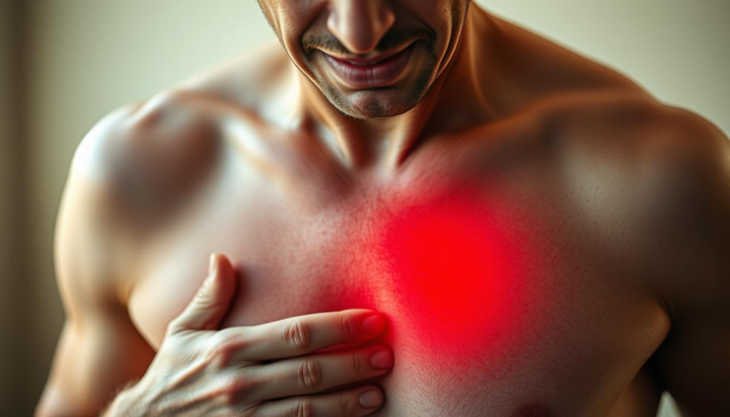 A close-up view of a person's chest, showing the classic symptoms of a heart attack: intense chest pain, arm numbness, and shortness of breath. The skin appears flushed and the expression conveys distress. The scene is lit by a warm, natural light, giving it a sense of urgency and immediacy. The background is blurred, keeping the focus on the central figure and the symptoms. The composition emphasizes the gravity of the situation, conveying the need for immediate medical attention.