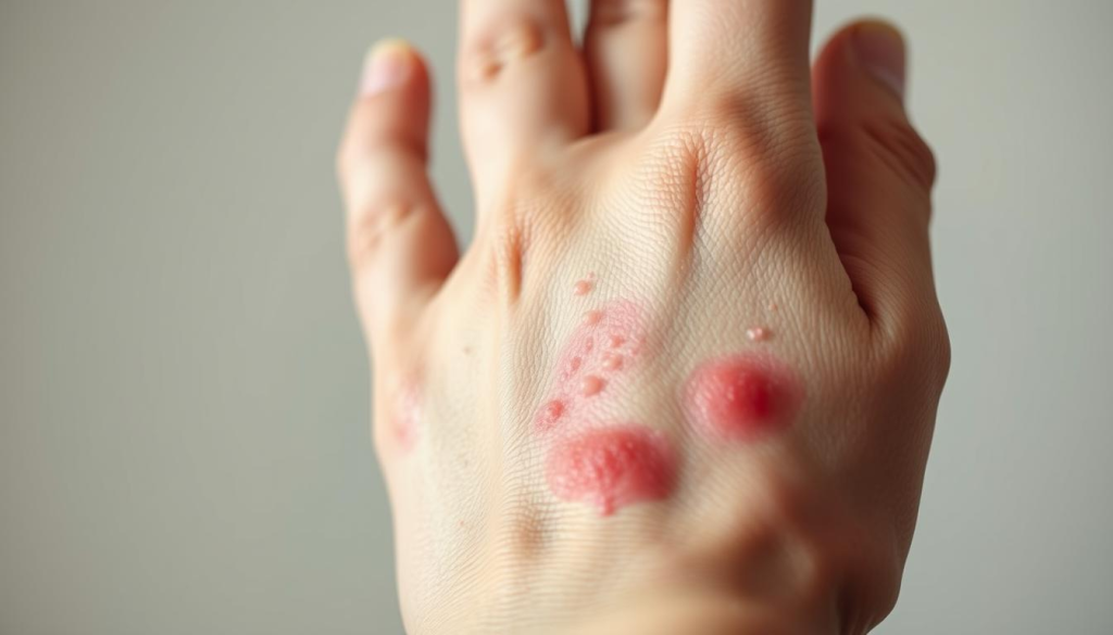 A close-up view of a person's hand experiencing an allergic reaction, with swelling, redness, and hives prominently displayed against a neutral, out-of-focus background. Soft, diffused lighting illuminates the skin, highlighting the textural details of the inflamed area. The composition draws the viewer's attention to the severity of the reaction, conveying a sense of discomfort and the need for immediate medical attention.