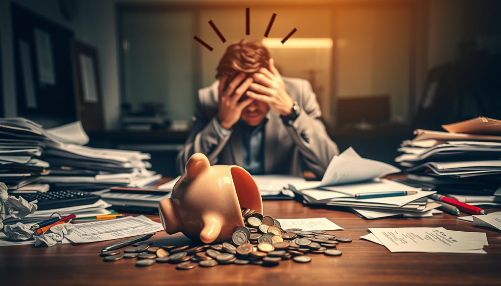 A cluttered desk with various financial documents, calculators, and crumpled papers, symbolizing the chaos of poor budgeting practices. The foreground features a piggy bank knocked over, spilling coins onto the surface, suggesting the consequences of financial missteps. In the middle ground, a distressed person holds their head in their hands, surrounded by a halo of frustration lines. The background blurs into a dimly lit office setting, creating a sense of overwhelm and stress. Warm lighting casts dramatic shadows, highlighting the tension and gravity of the scene.