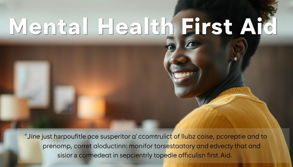 A compassionate individual with a warm, caring expression, in the foreground, offering support and guidance to a person in need. In the middle ground, a comfortable, inviting indoor setting with soothing colors and soft lighting, conveying a sense of safety and understanding. The background features subtle, abstract shapes and textures, creating a serene, contemplative atmosphere. The overall scene emphasizes the importance of mental health first aid, where empathy, active listening, and a non-judgmental approach are key to providing effective support.