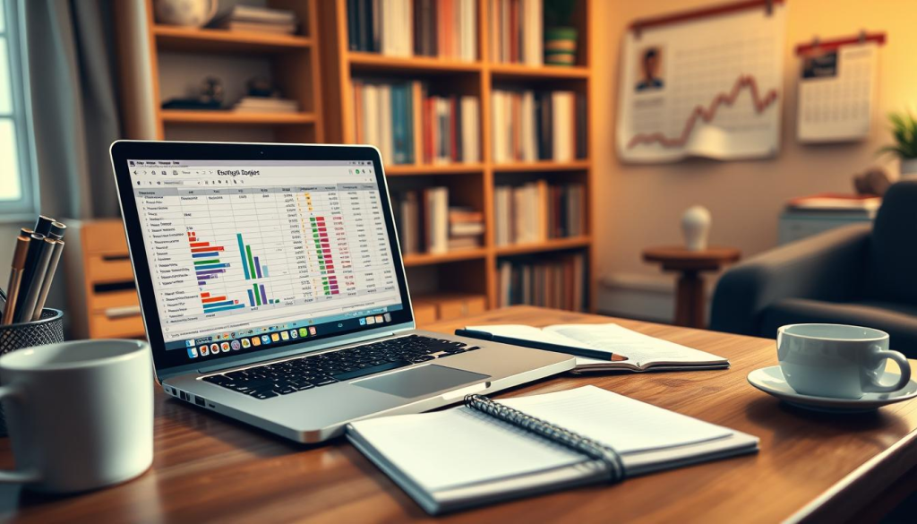 A cozy home office with a well-organized desk, featuring a laptop, notepad, and a cup of coffee. In the middle ground, an open budget spreadsheet displayed on the laptop screen, with colorful charts and graphs. In the background, a bookshelf filled with finance-related books and a wall calendar, suggesting a methodical approach to budgeting. The scene is illuminated by warm, natural lighting, creating a focused and productive atmosphere. The overall composition conveys a sense of diligence and attention to detail in the budget review process.
