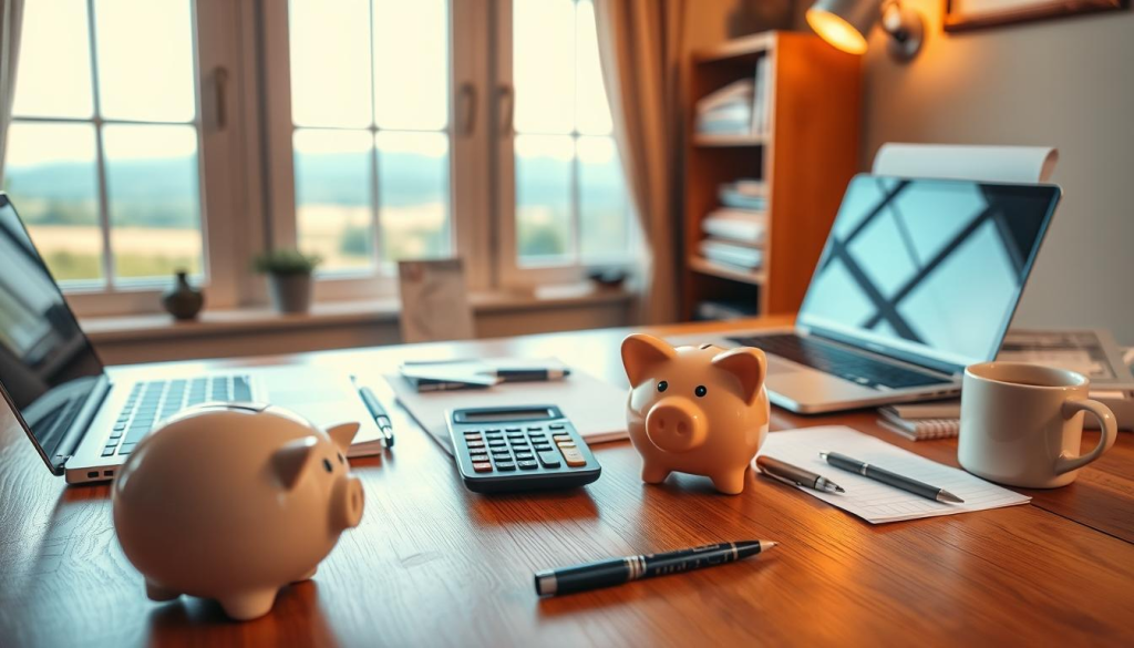 A cozy home office with a wooden desk, a laptop, and a stack of documents neatly arranged. In the foreground, a piggy bank and a calculator symbolize budgeting strategies. The middle ground features a calendar, a pen, and a cup of coffee, suggesting the planning and organization involved. The background showcases a serene landscape through a window, creating a calming atmosphere. Warm lighting casts a soft glow, and the camera angle is slightly elevated, providing a sense of order and control over the budgeting process.