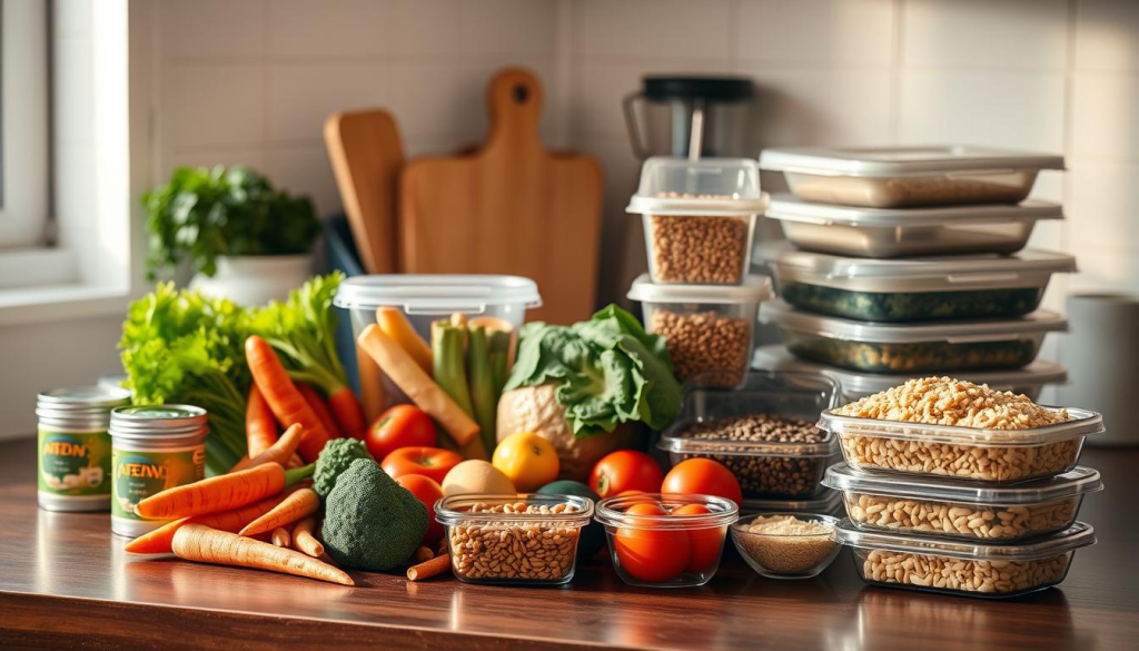 A cozy kitchen countertop with various budget-friendly meal prep ingredients neatly arranged. Vibrant fresh produce like carrots, broccoli, and tomatoes sit alongside economical protein sources such as canned beans and lentils. Whole grains like brown rice and quinoa are visible, complemented by a stack of reusable meal prep containers. The lighting is warm and natural, highlighting the textures and colors of the wholesome, cost-effective foods. The overall atmosphere conveys a sense of organization, efficiency, and a mindful approach to nourishing oneself on a budget.
