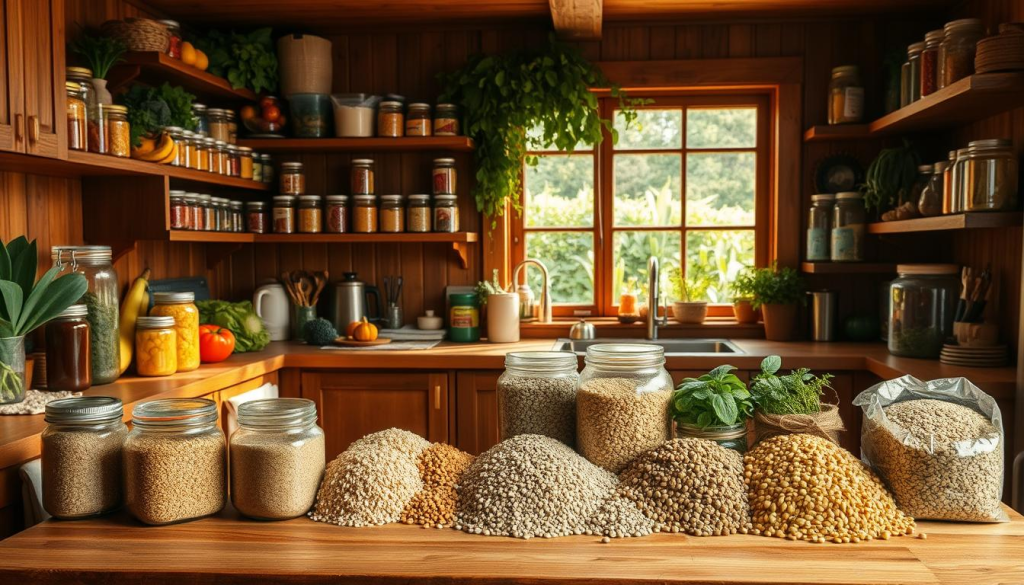 A cozy kitchen with an abundance of fresh produce, canned goods, and jars lining the shelves. Warm lighting casts a golden glow, highlighting the textural details of the wooden cabinets and countertops. In the foreground, a sturdy wooden table holds a variety of grains, legumes, and other non-perishable staples, ready to be stored for future use. Through the window, a lush garden can be seen, suggesting a self-sustaining food supply. The scene conveys a sense of preparedness, with a focus on building a well-rounded and resilient food storage system.